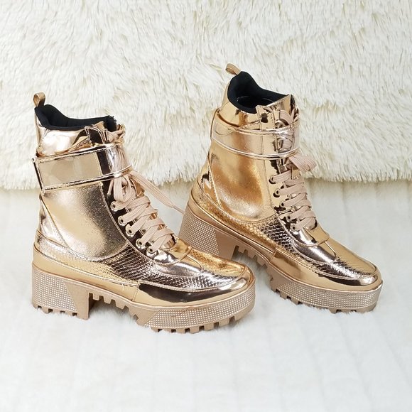 SIZE 11 Lynn Rose Gold Champagne Lug Sole Combat Boots - Picture 10 of 12